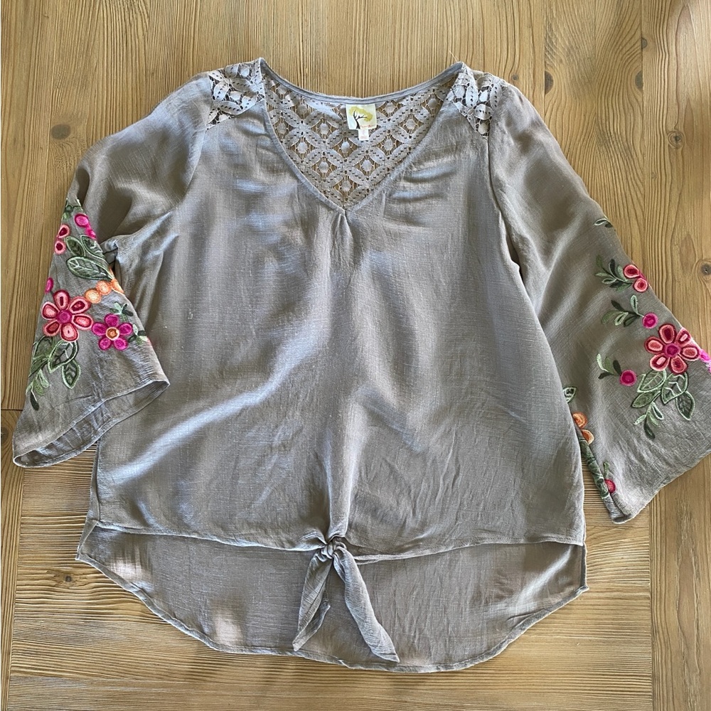 Anthropology Taupe Embroidered Women's Top. Size large